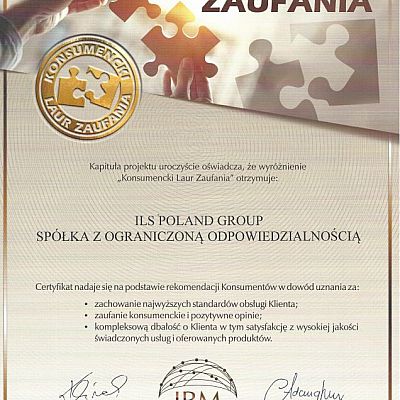 СЕРТИФИКАТ ПОТРЕБИТЕЛЬСКИЙ ЛАВР ДОВЕРИЯ 2021 ВЫДАН КОМПАНИИ ILS POLAND GROUP